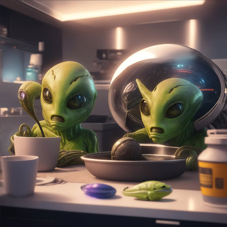 alien in the kitchen. 3d rendering, 3d illustration.の素材