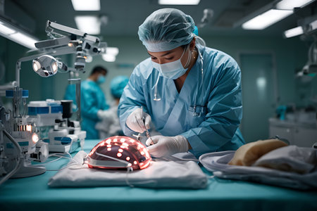 Surgeons performing operation on a patient in a surgical operating room.の素材