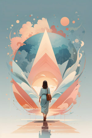 Rear view of young woman standing in front of geometric background with space for textの素材