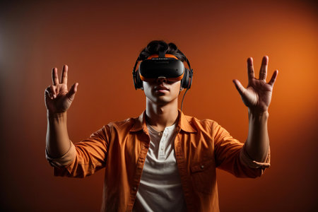 Portrait of a young man in orange shirt wearing virtual reality glassesの素材