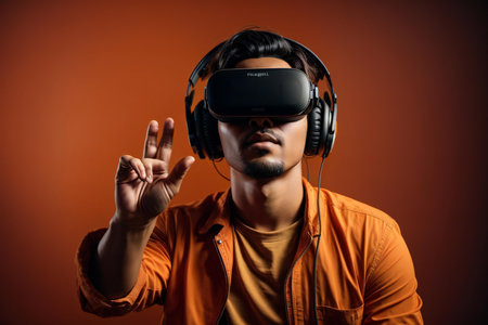 Young asian man wearing virtual reality glasses and gesturing with fingersの素材