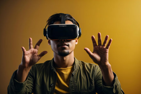 young asian man in vr headset gesturing with hands isolated on yellowの素材