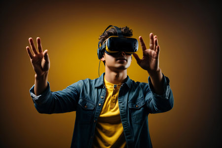Young man wearing virtual reality goggles on a yellow background. Future technology concept.の素材