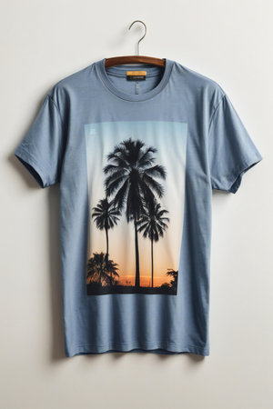 T-shirt design with palm trees on hanger on white backgroundの素材