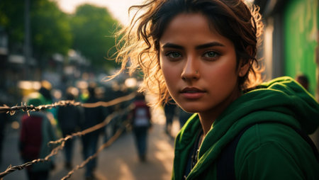 Portrait of a beautiful girl in a green jacket on a city street. Ai generatedの素材