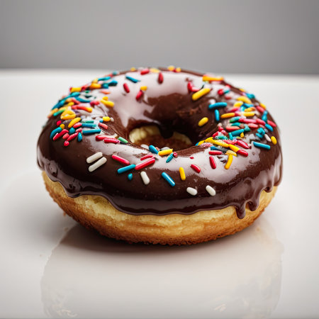 Chocolate donut with sprinkles on a white plate. Selective focus.の素材