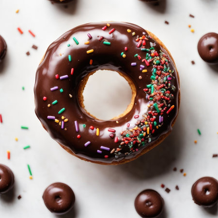 Donuts with chocolate glaze and sprinkles on a white backgroundの素材
