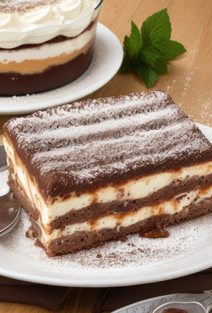 Chocolate cake with whipped cream and mint on a white plate.の素材