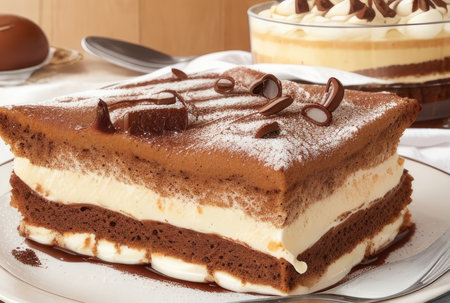 Tiramisu cake with chocolate on a white plate, verticalの素材