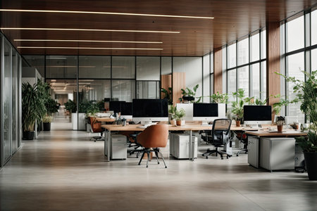 Contemporary coworking office interior with computers and plants. 3D Renderingの素材