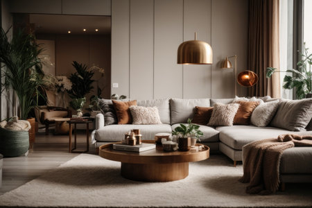 Living room interior with sofa, coffee table and plant. 3d renderingの素材