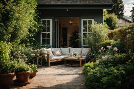 Luxury garden with furniture and plants in front of the houseの素材