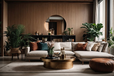 interior of modern living room with sofa, coffee table and plantsの素材