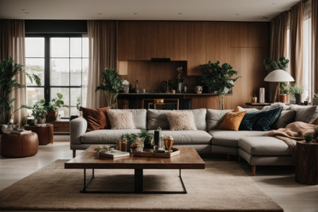 Interior of modern living room with brown sofa, coffee table and plantsの素材