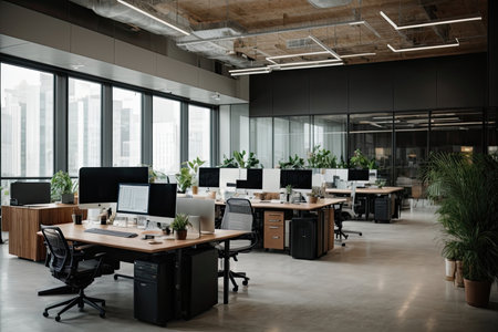 Modern office interior with computers and plants. Workplace and lifestyle conceptの素材