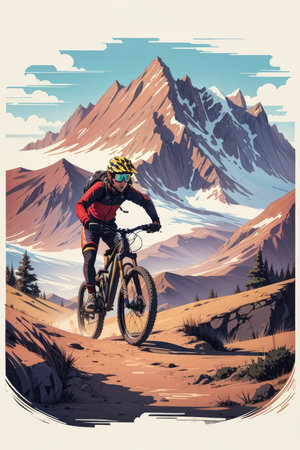 Mountain bike rider on the trail in the high mountains. Vector illustrationの素材