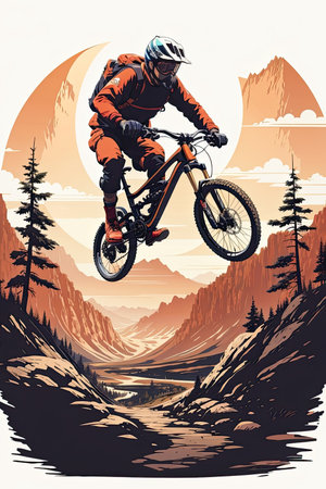 Mountain biker rides on the bike in the mountains. Vector illustration.の素材