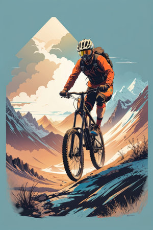 Mountain biker on the road in the mountains. Vector illustrationの素材
