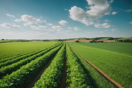 Rows of young tobacco plants growing in an agricultural field in summerの素材