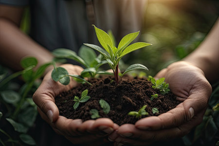 Hands holding green seedling growing in soil with nature background, Ecology conceptの素材
