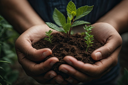Hands holding young plant growing in soil with nature background, Earth day conceptの素材