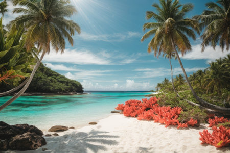 Tropical beach with palm trees and coral at Seychellesの素材