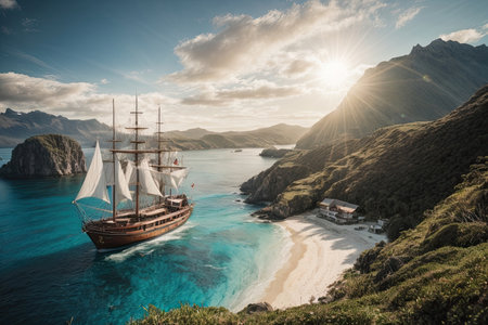 Beautiful view of a sailing ship in the ocean at sunset.の素材