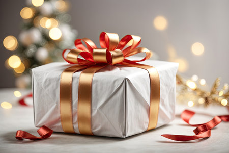 Gift box with red ribbon and bow on table against defocused lightsの素材