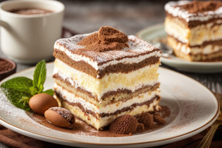 Tiramisu cake on a plate on a wooden background.の素材