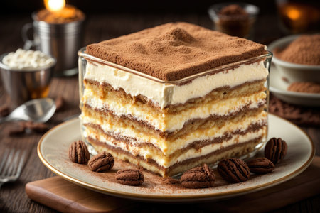Tiramisu cake in a glass on a wooden background.の素材