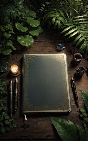 Notebook and pen on a wooden table with green plants. Vintage style.の素材