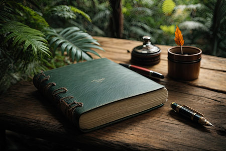 Notebook and fountain pen on a wooden table in the garden.の素材