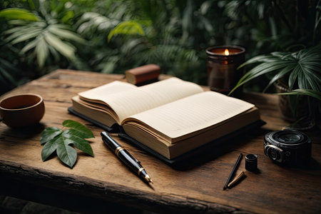 Opened book with pen on wooden table in garden, space for textの素材