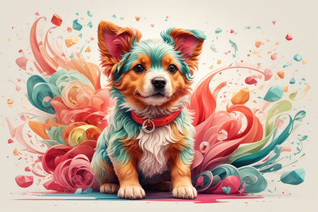 Cute dog sitting on colorful background with splashes and blotsの素材