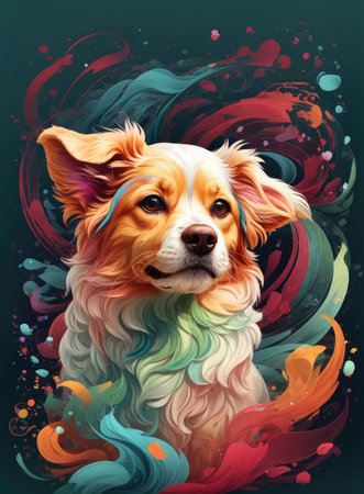 Portrait of a cute welsh corgi dog on abstract colorful backgroundの素材