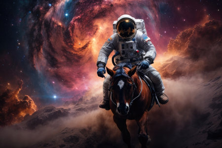 Astronaut riding a horse on the background of the outer space.の素材