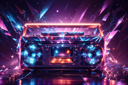 Retro boombox with neon lights. Music concept. 3D Renderingの素材