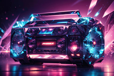 3D Illustration of a VHS video cassette player with blue neon lightの素材