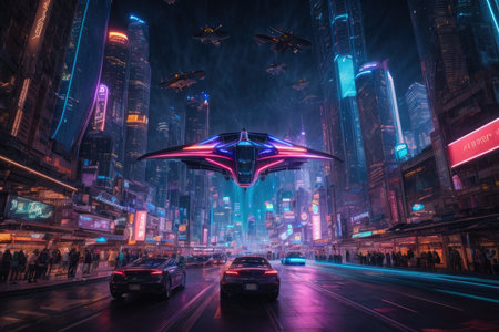 Futuristic spaceship flying in the night city. 3d renderingの素材