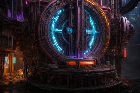 3D rendering of a futuristic science fiction spaceship with glowing neon lights.の素材