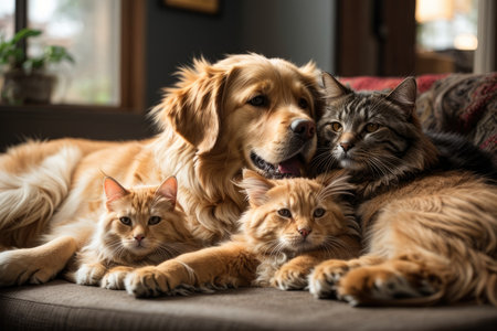 Golden Retriever, Golden Retriever and cat at home.の素材