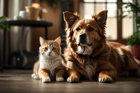 Cute cat and dog together on floor at home. Pet careの素材