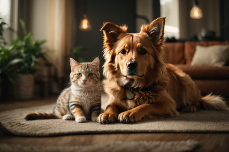 Cute cat and dog together at home. Golden Retriever and Scottish Straightの素材