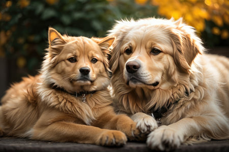 Two Golden Retriever dogs lying in the garden on a sunny dayの素材