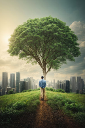 Man standing on the road and looking at big tree in the cityの素材