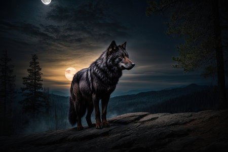 Wolf in the forest at night with full moon. 3D renderingの素材