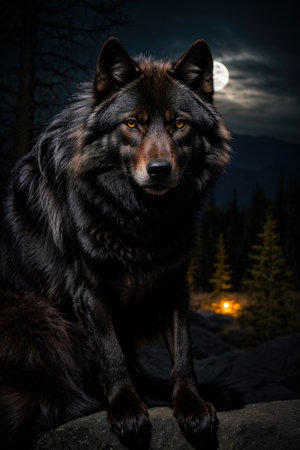 Portrait of a wolf in the forest at night with full moonの素材