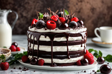 Chocolate cake with strawberries, cherries and chocolate shavingsの素材