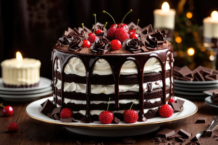 Chocolate cake with cherries and chocolate shavings on topの素材