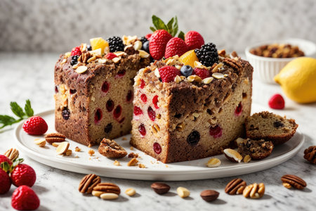 Cake with raspberries, blackberries, blueberries and pecansの素材